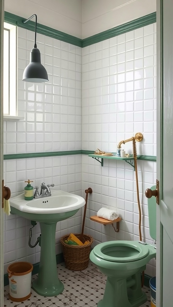A vintage bathroom featuring green fixtures including a sink and toilet, with white tiled walls.