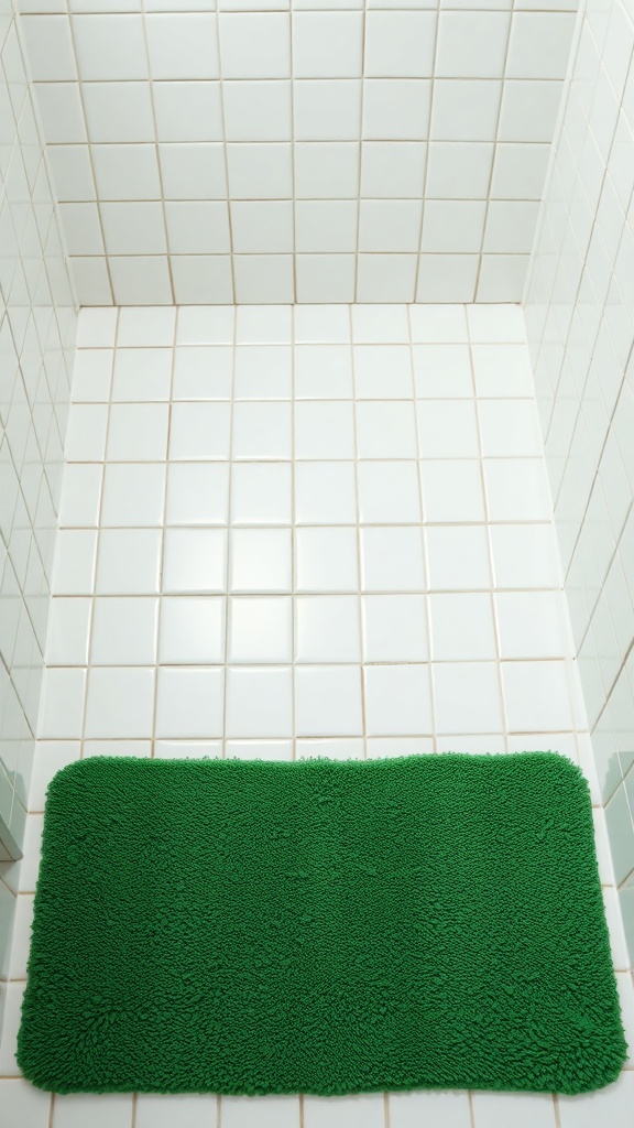 A green shower mat on white tiled bathroom floor.