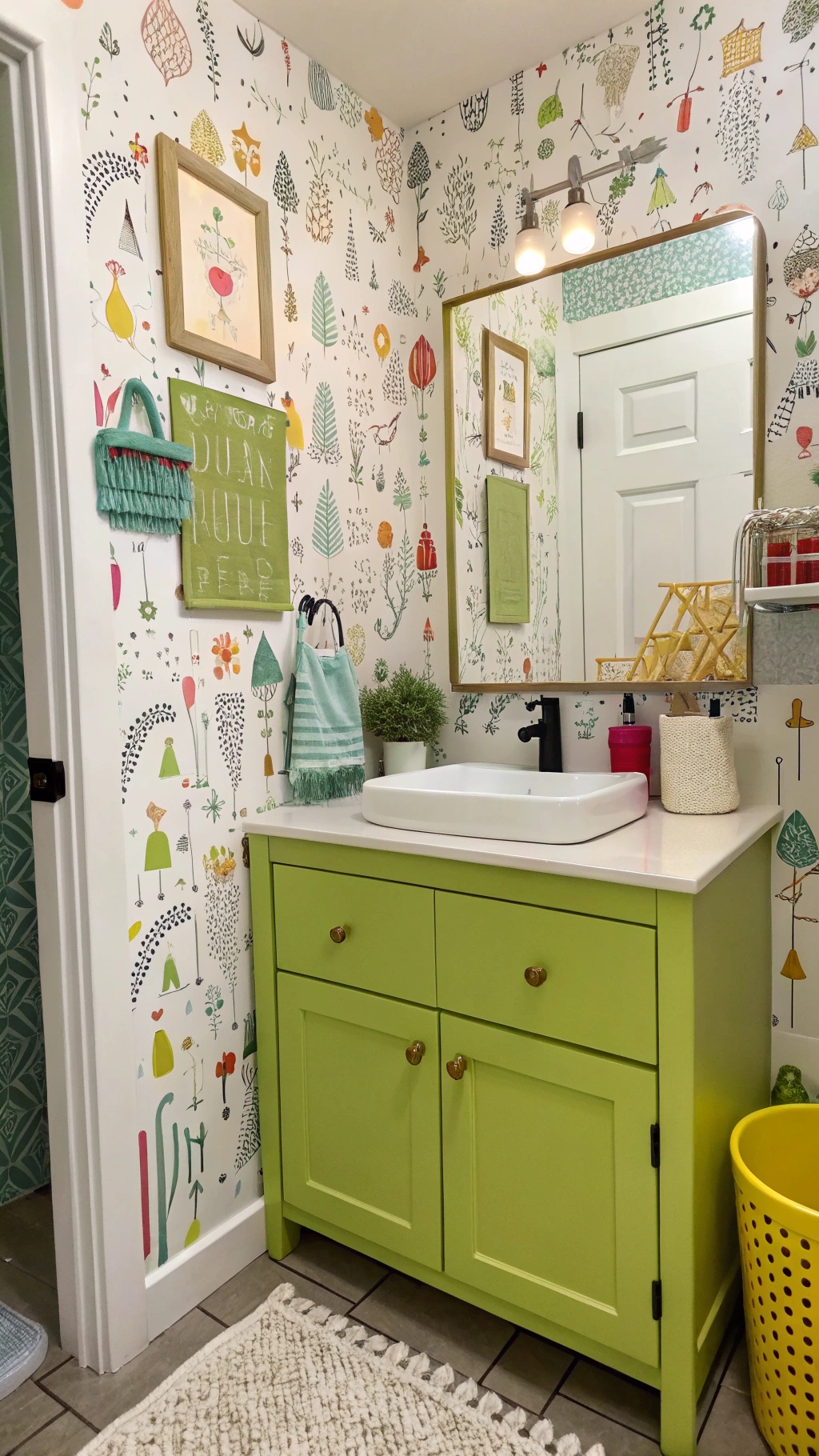 A bathroom featuring whimsical wallpaper with colorful patterns and a bright green cabinet.