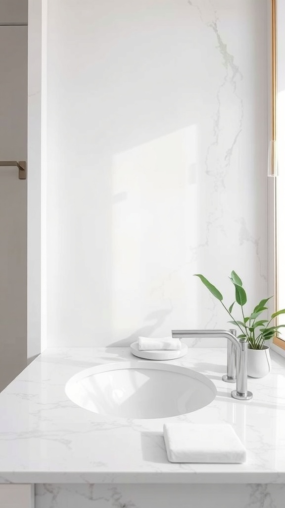 A bathroom sink area featuring white marble with green veining, a modern faucet, and a small plant.