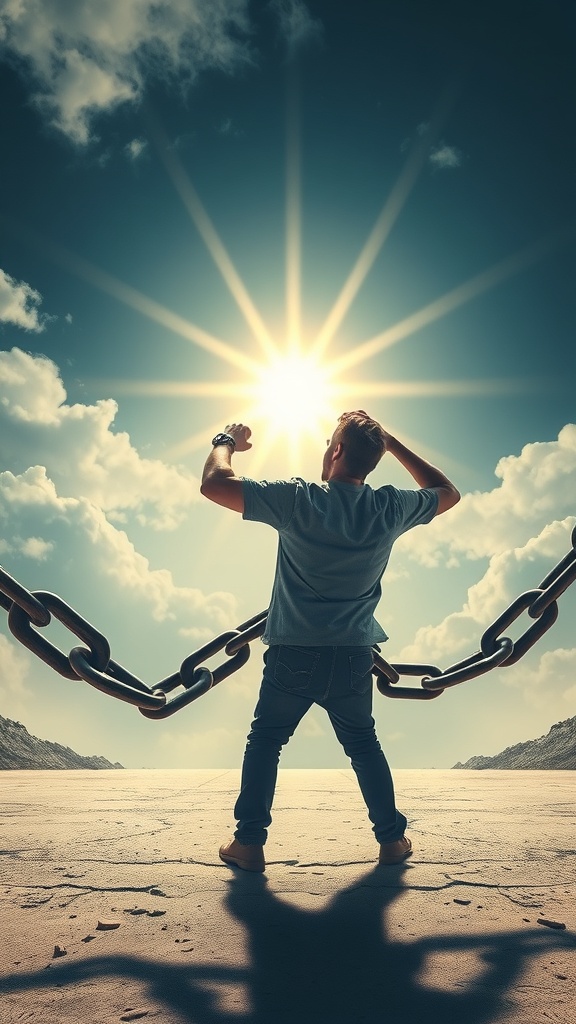 A person breaking free from chains, reaching towards a bright sun in the sky.