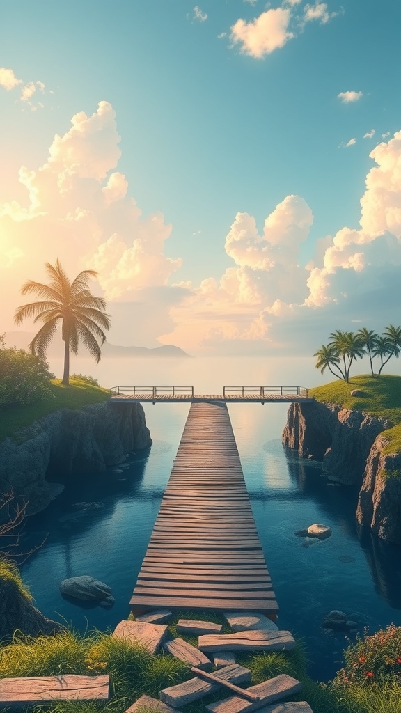 A serene dock extending into calm waters with palm trees and a clear sky.