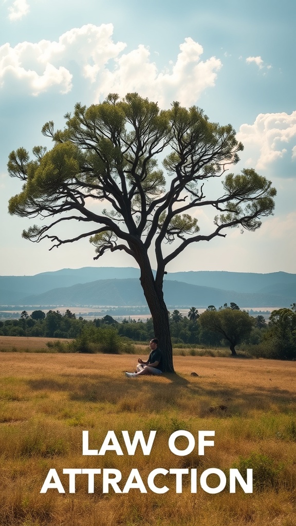 A person sitting under a large tree in a grassy field, with mountains in the background, symbolizing patience and reflection.