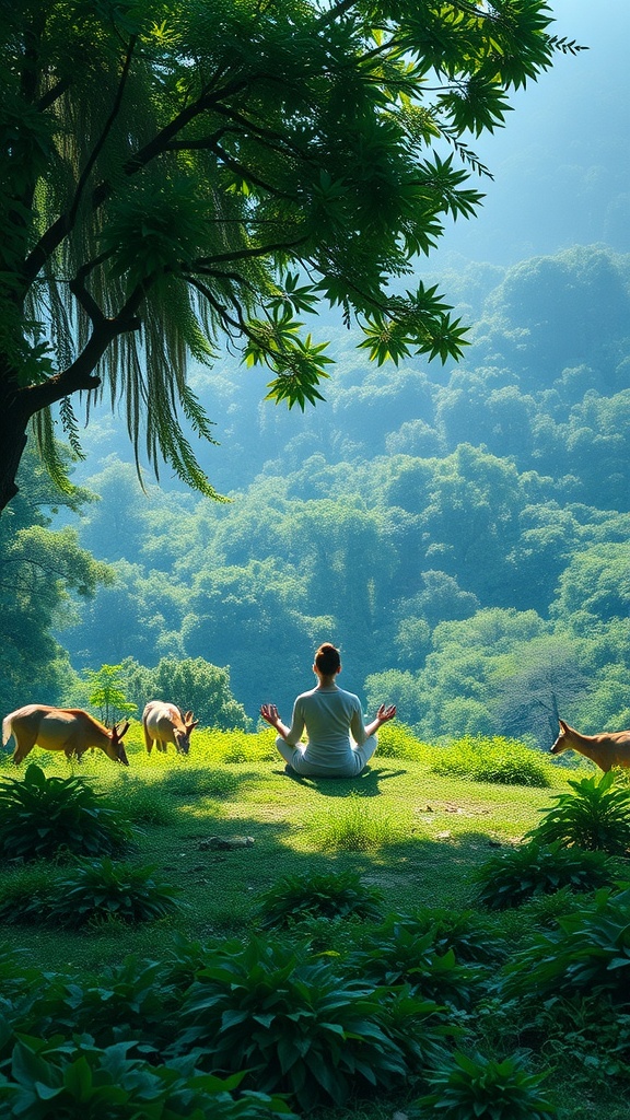 A person meditating in a lush green landscape with deer nearby.
