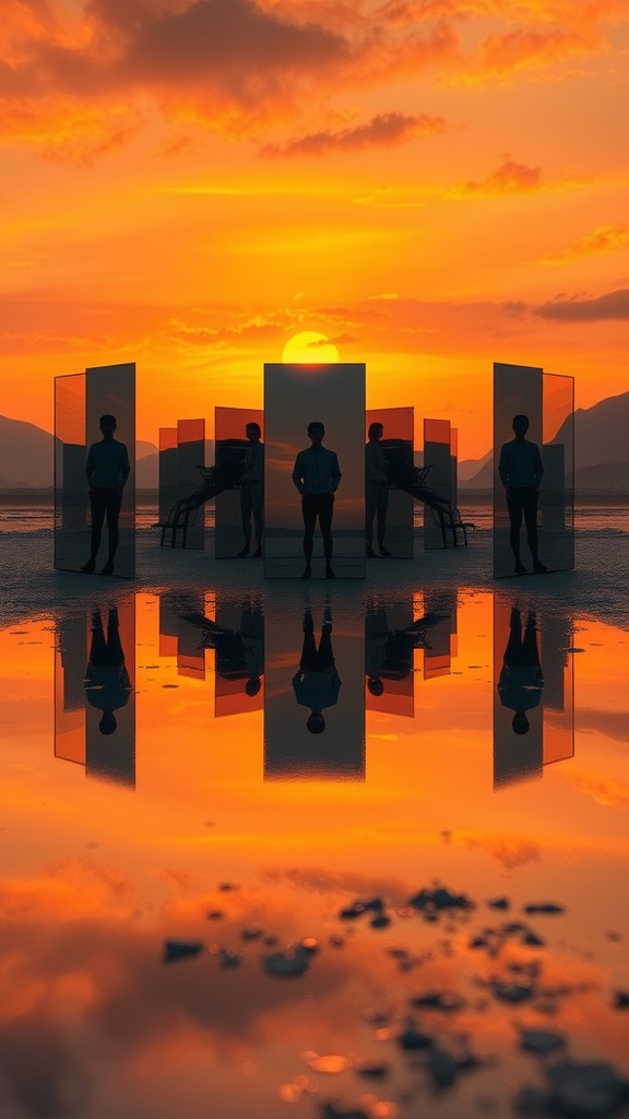 Silhouettes of individuals standing before reflective panels at sunset, symbolizing the multidimensional self.