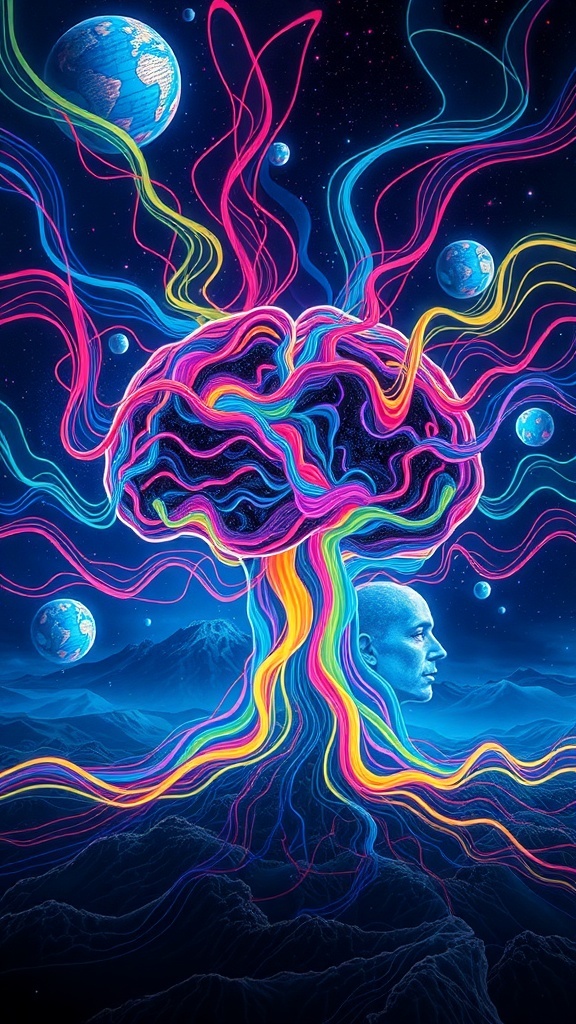 A colorful and surreal depiction of a brain with vibrant energy streams, set against a cosmic background with planets.