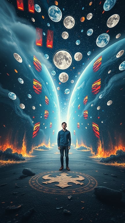 A person standing in a cosmic landscape surrounded by galaxies and celestial bodies, symbolizing the concept of the multiverse.