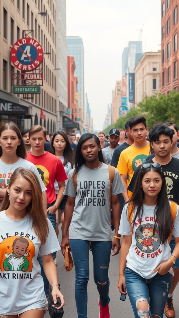 A diverse group of people walking in a city, wearing various graphic tees with different designs and messages.