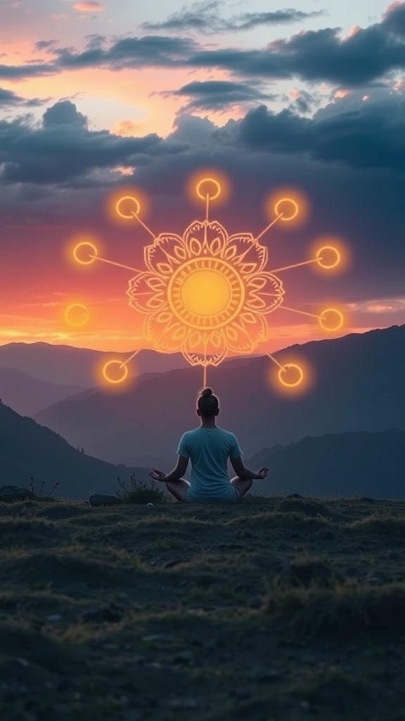 A person meditating at sunset with a glowing mandala above, symbolizing energy and connection.