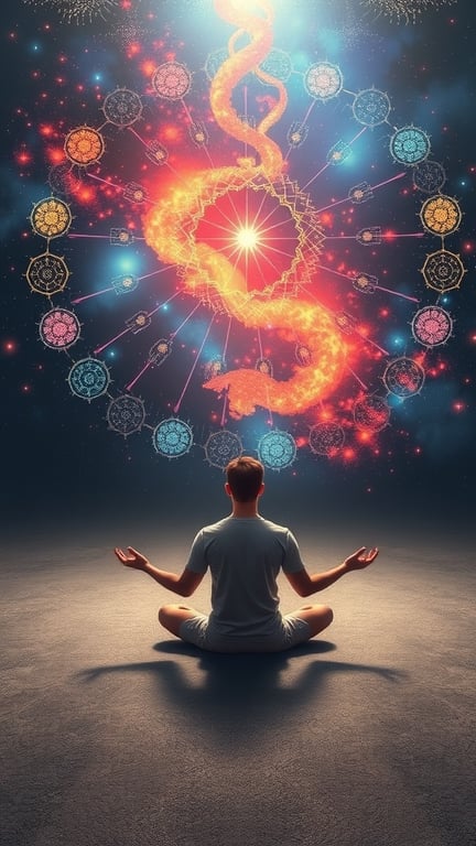 A person meditating with vibrant, swirling patterns and symbols around them, symbolizing mental imagery and personal growth.