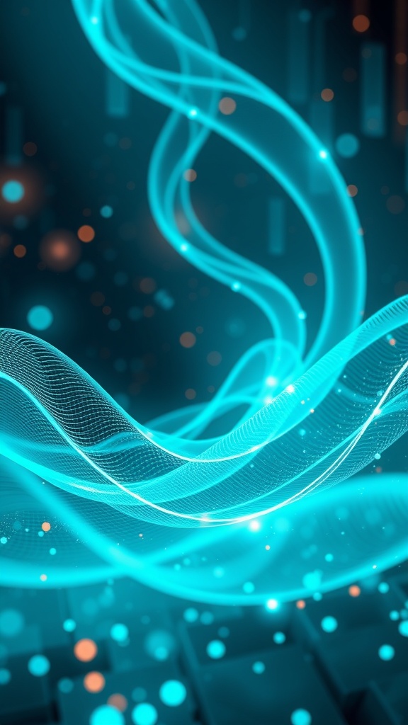 Abstract representation of vibrational energy with glowing waves and particles.