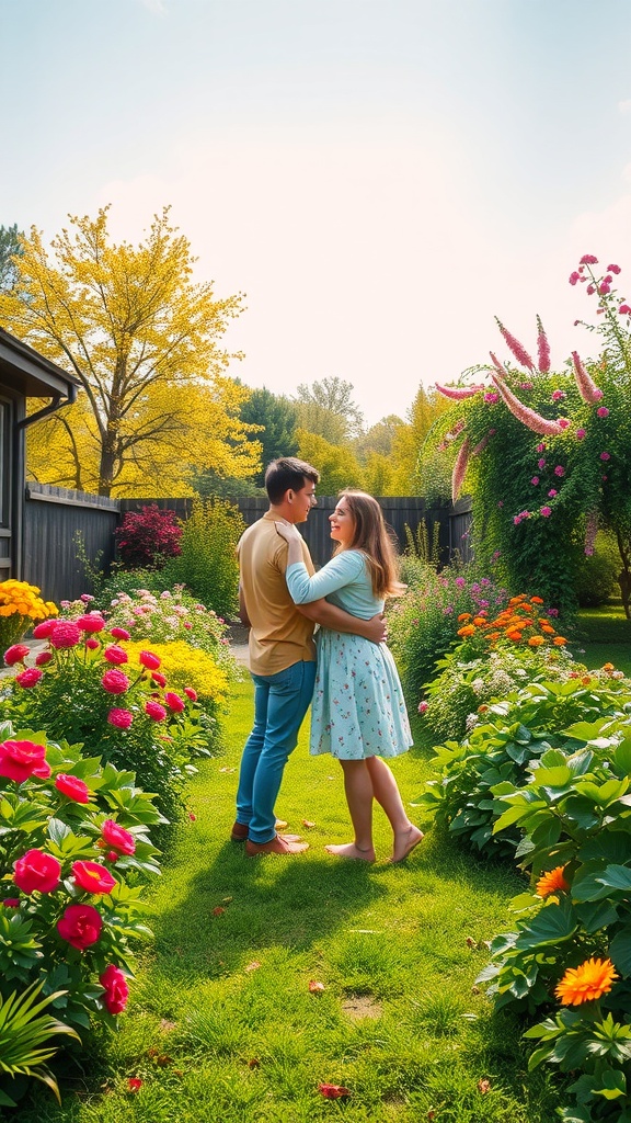 A couple embracing in a colorful garden filled with flowers, symbolizing healthy relationships.