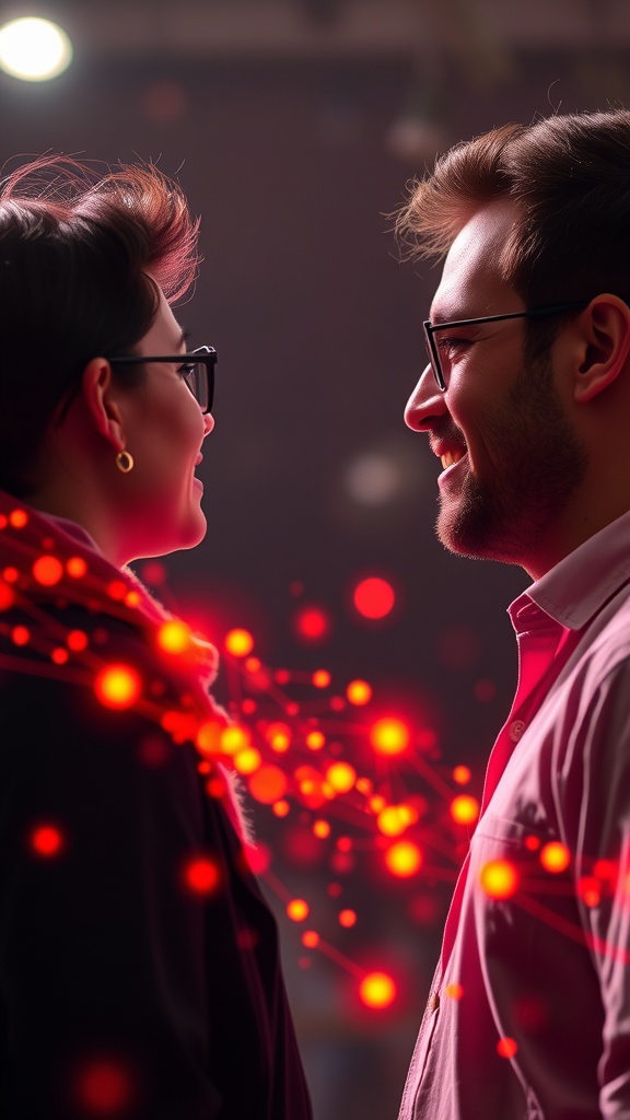 A couple smiling at each other with glowing energy around them.