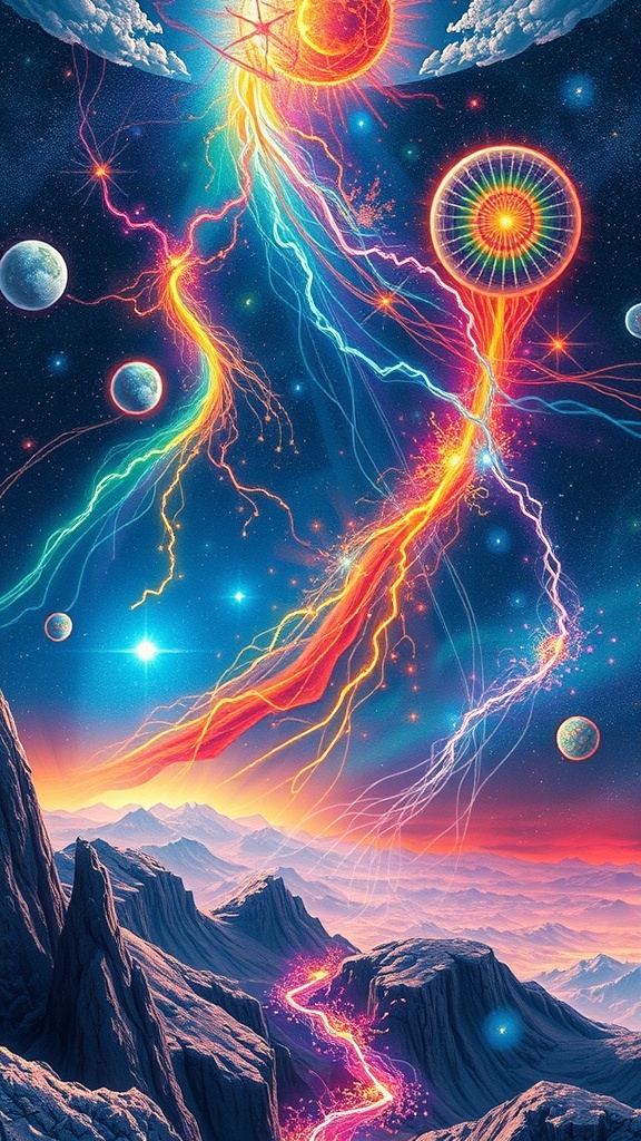A vibrant cosmic scene illustrating interconnected parallel universes with swirling colors and energetic patterns.