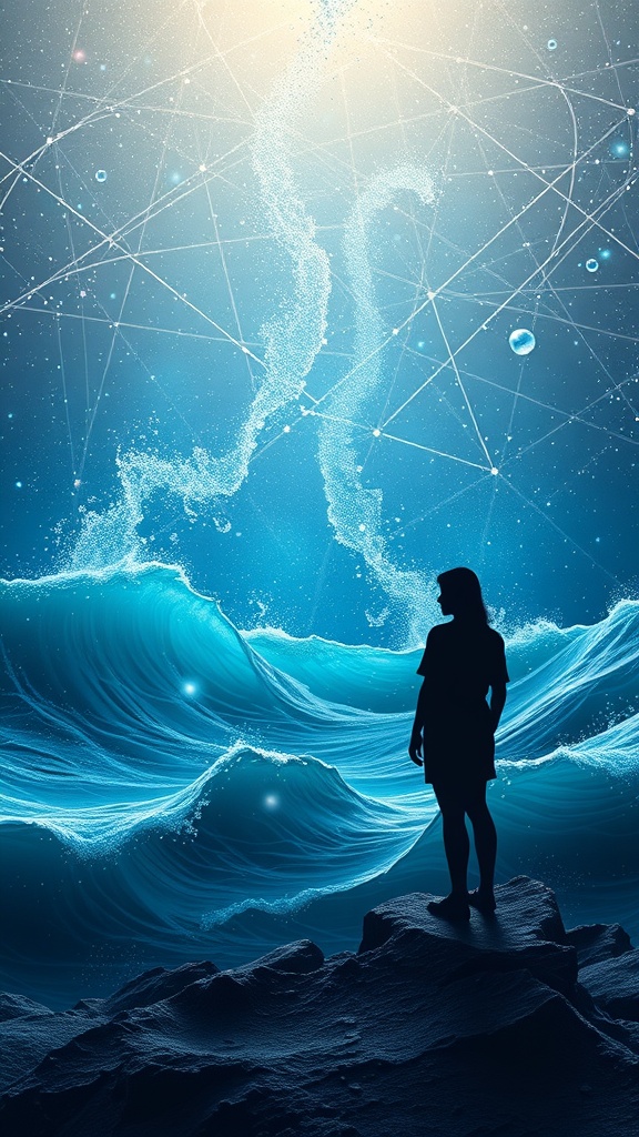 A silhouette of a person standing on rocks by the ocean, with waves and a network of connections above, symbolizing the relationship between consciousness and the quantum field.