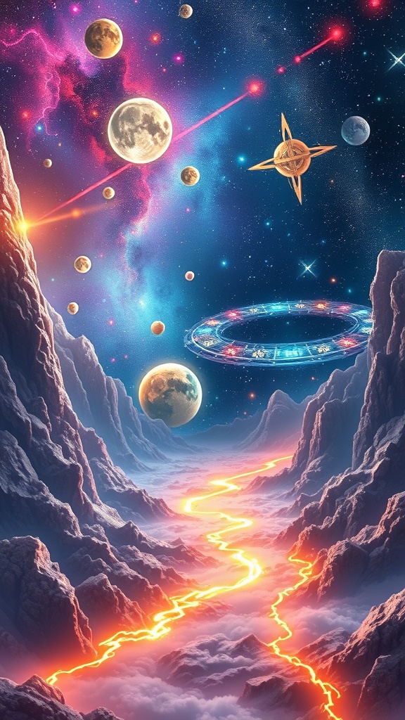 A cosmic scene featuring planets, moons, and a glowing river of lava winding through rocky terrain, set against a backdrop of deep space.