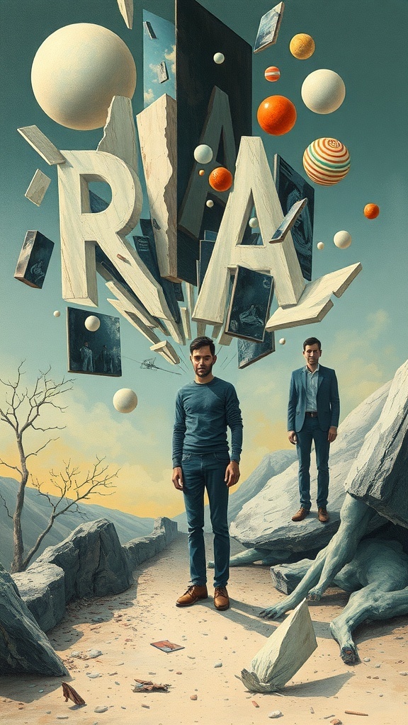 A surreal scene with two figures standing on a rocky path, surrounded by floating planets and images, with the word 'RIA' prominently displayed.