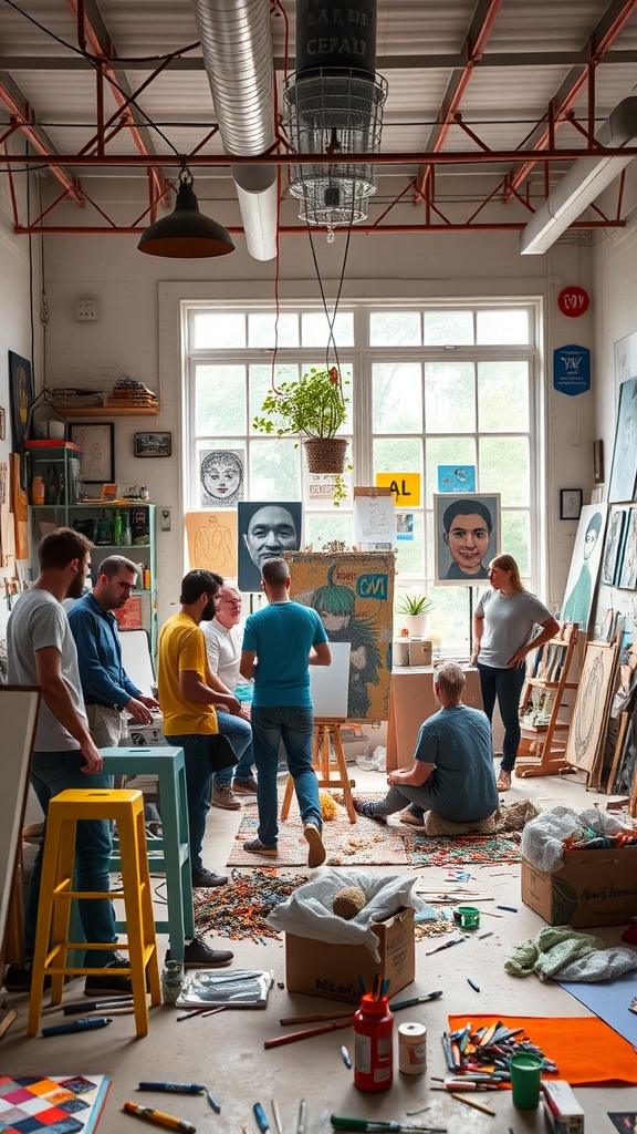 A vibrant art studio with a group of people collaborating on creative projects.