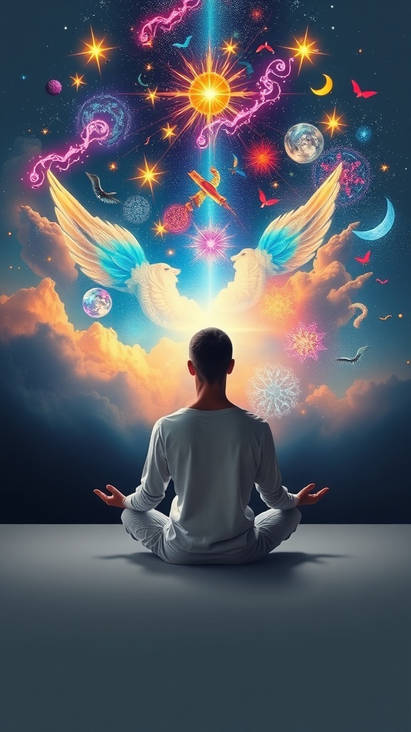 A person meditating with a cosmic background filled with stars, planets, and colorful elements symbolizing emotional visualization.