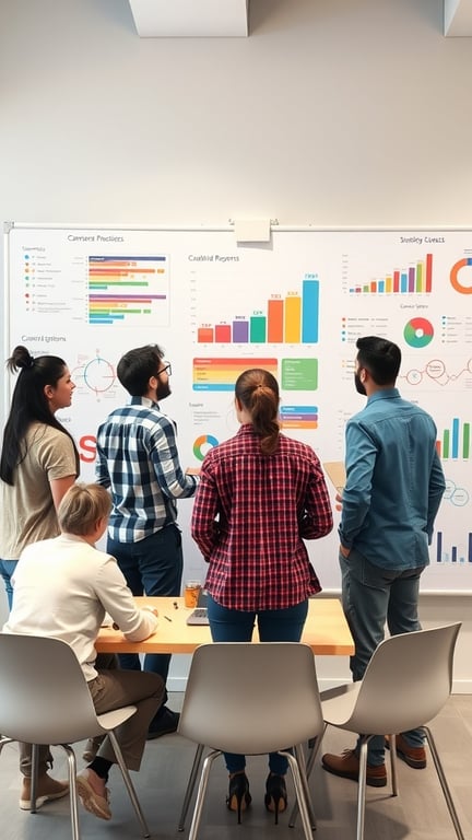 A group of people analyzing colorful charts and graphs on a wall during a team meeting.