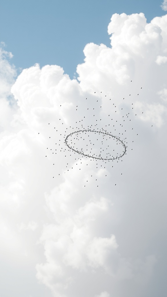A flock of birds forming a circular pattern in the sky amidst fluffy clouds.