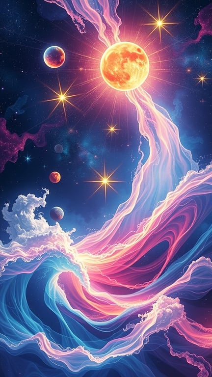 A vibrant cosmic scene featuring swirling colors, planets, and stars, representing the vibrational nature of the universe.