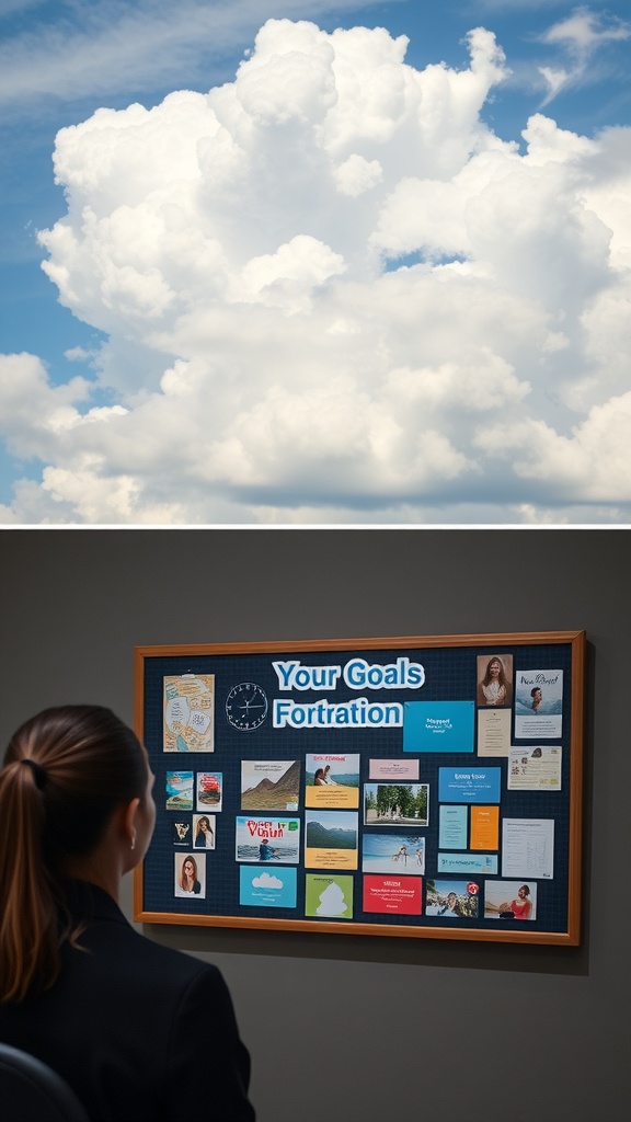 A person looking at a vision board filled with goals and aspirations, symbolizing the difference between wishing and manifesting.