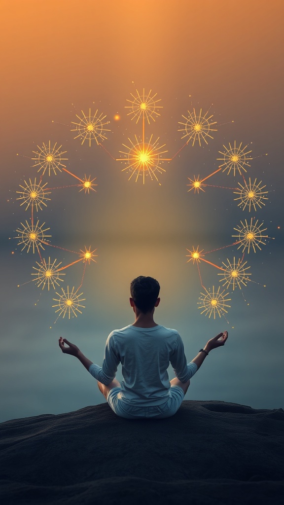 A person meditating on a rock with glowing sparks around them, symbolizing the Law of Attraction.