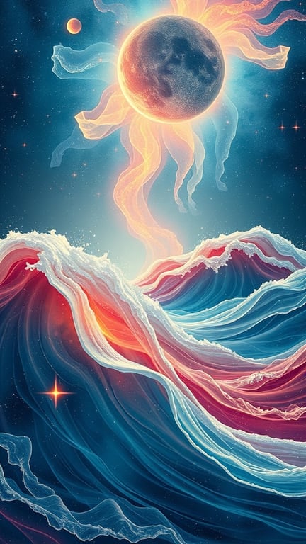 An artistic representation of cosmic elements with vibrant waves and celestial bodies, symbolizing vibration and reality shifting.