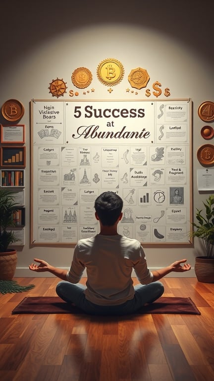 A person meditating in front of a wall filled with motivational success strategies and symbols.