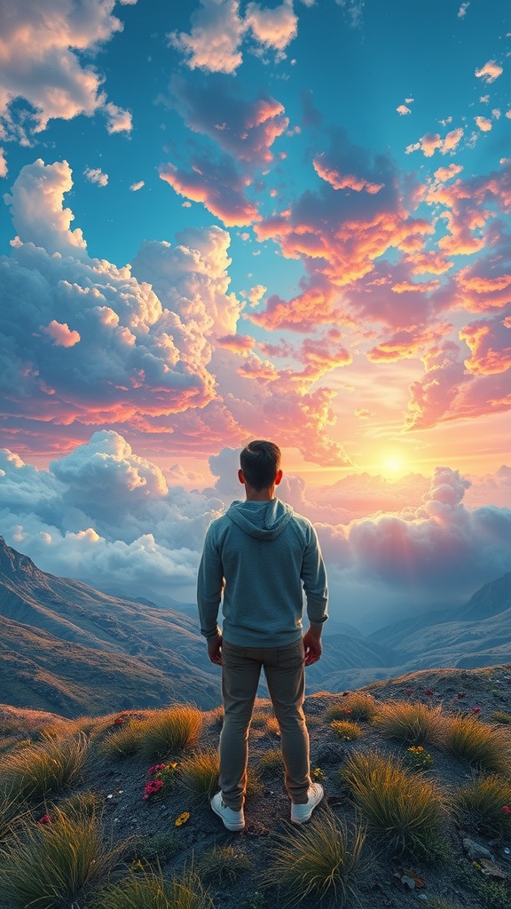 A person standing on a mountain peak, looking at a colorful sunset with clouds.