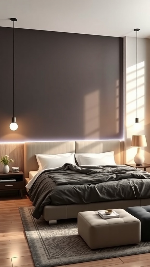 A modern bedroom with a stylish bed, soft bedding, and LED wall art creating a warm atmosphere.