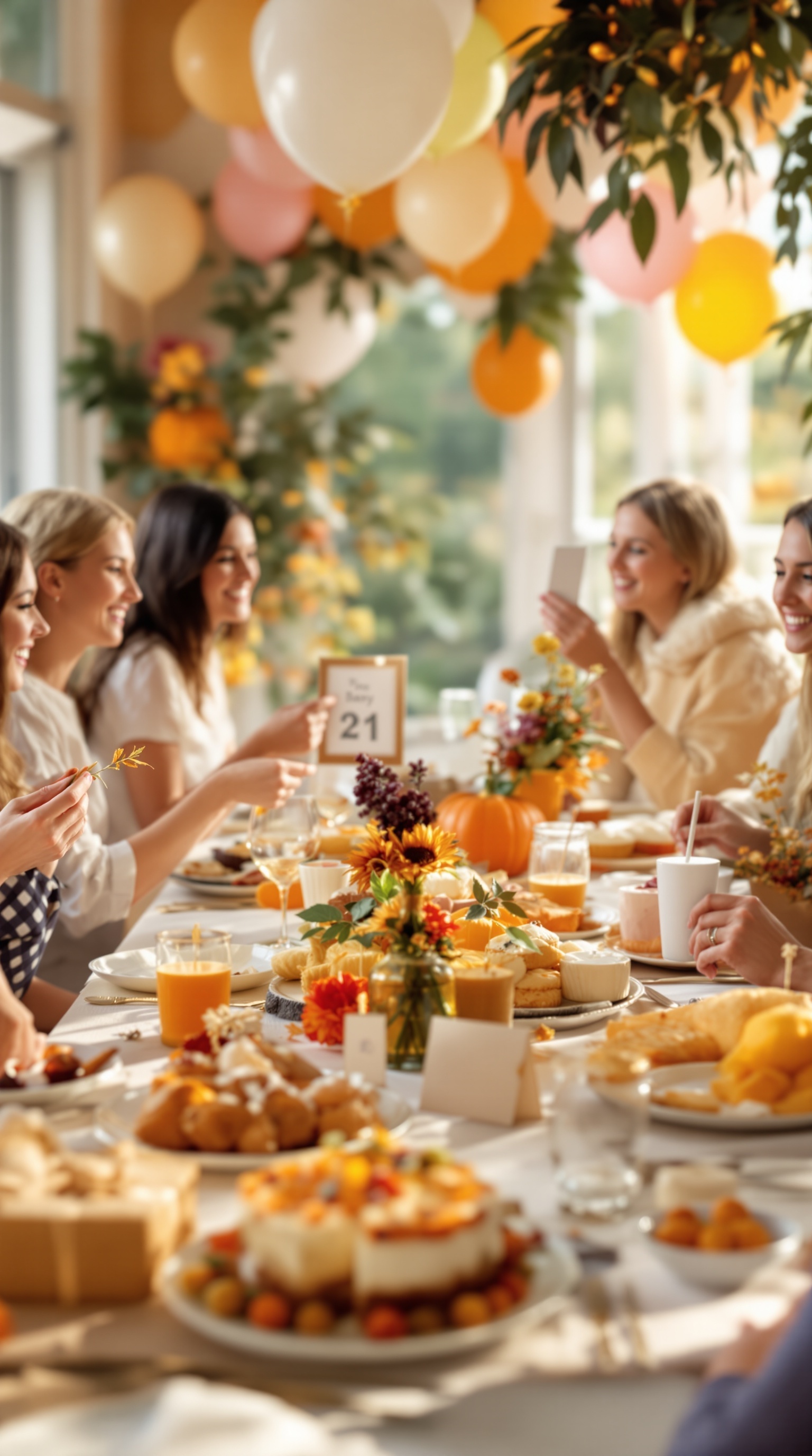 A beautifully decorated Thanksgiving baby shower table with food and drinks, featuring guests enjoying the celebration.