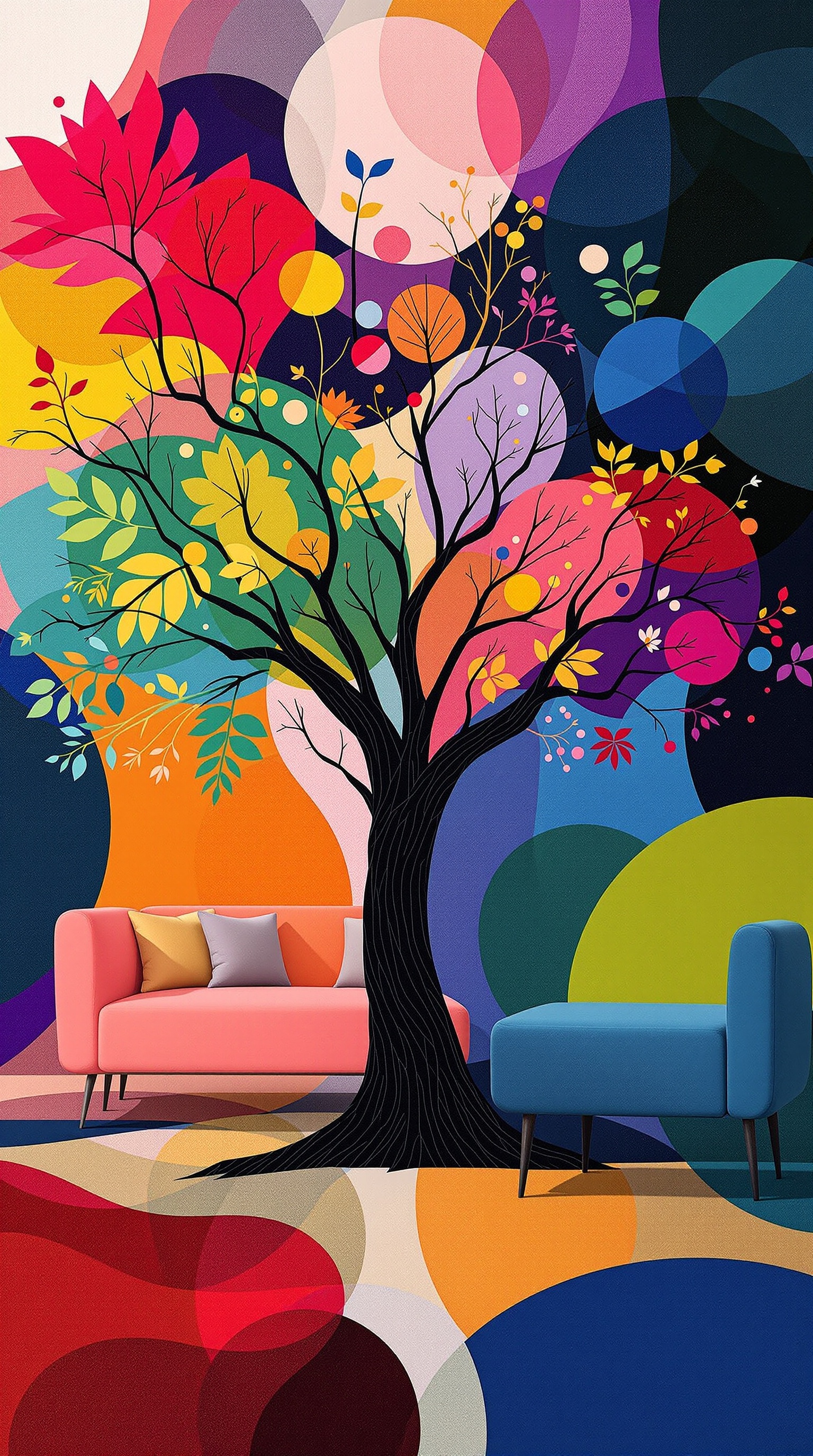 Abstract artistic family tree wall art with colorful shapes and a black tree silhouette