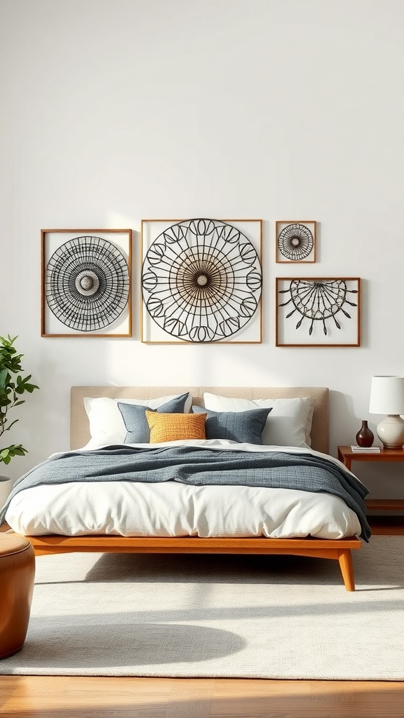 A stylish bedroom featuring metal wall art with abstract geometric designs in wooden frames.