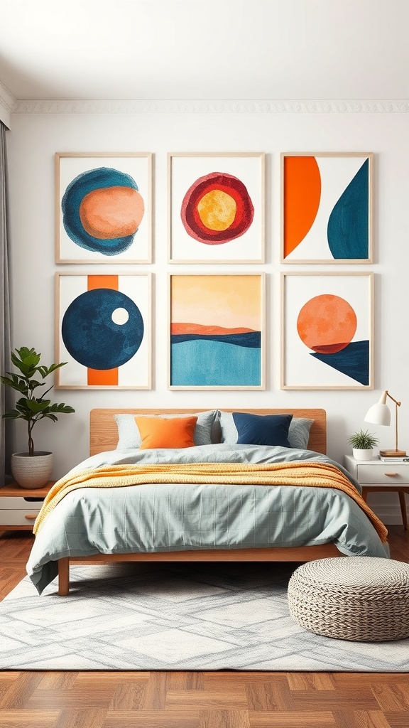 A dorm room featuring abstract geometric wall art with colorful designs above a bed.