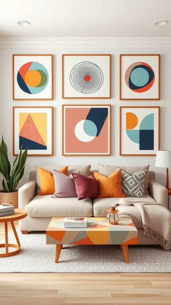 A stylish living room featuring abstract geometric prints on the wall, a cozy couch with colorful cushions, and a patterned coffee table.