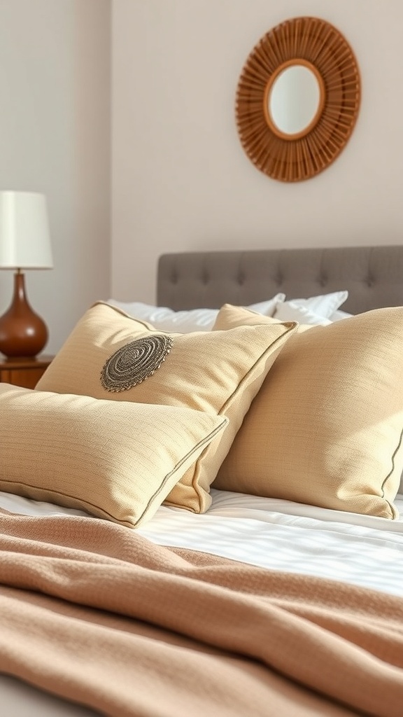 Beige throw pillows on a bed with a soft blanket and a round mirror in the background.