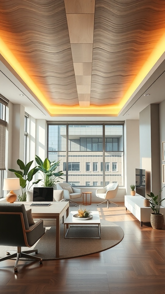 A modern commercial space with a stylish accent ceiling featuring wave patterns and soft lighting.