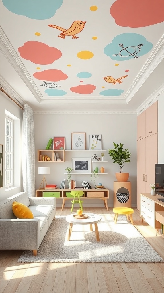 A kid's room with an accent ceiling featuring colorful clouds and birds.