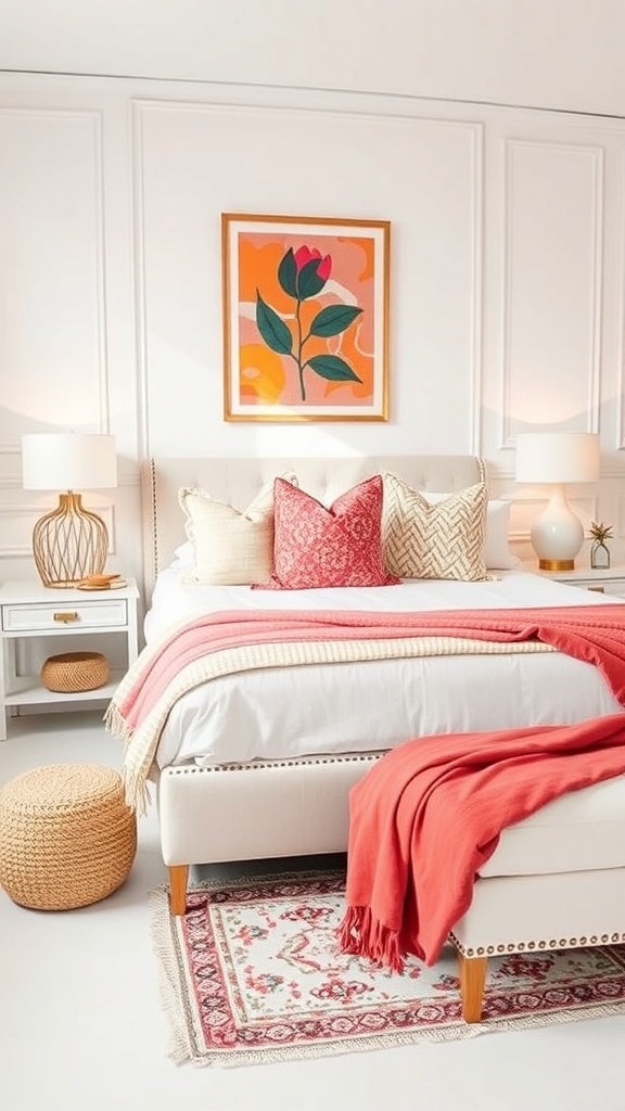 A cozy white bedroom featuring coral and pink accents, with colorful artwork and textured pillows.