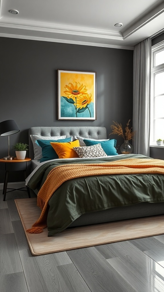 A dark grey bedroom featuring a grey bed with colorful pillows and a sunflower painting on the wall.