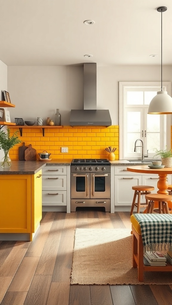 A rustic kitchen featuring vibrant yellow accents, wooden flooring, and a cozy atmosphere.