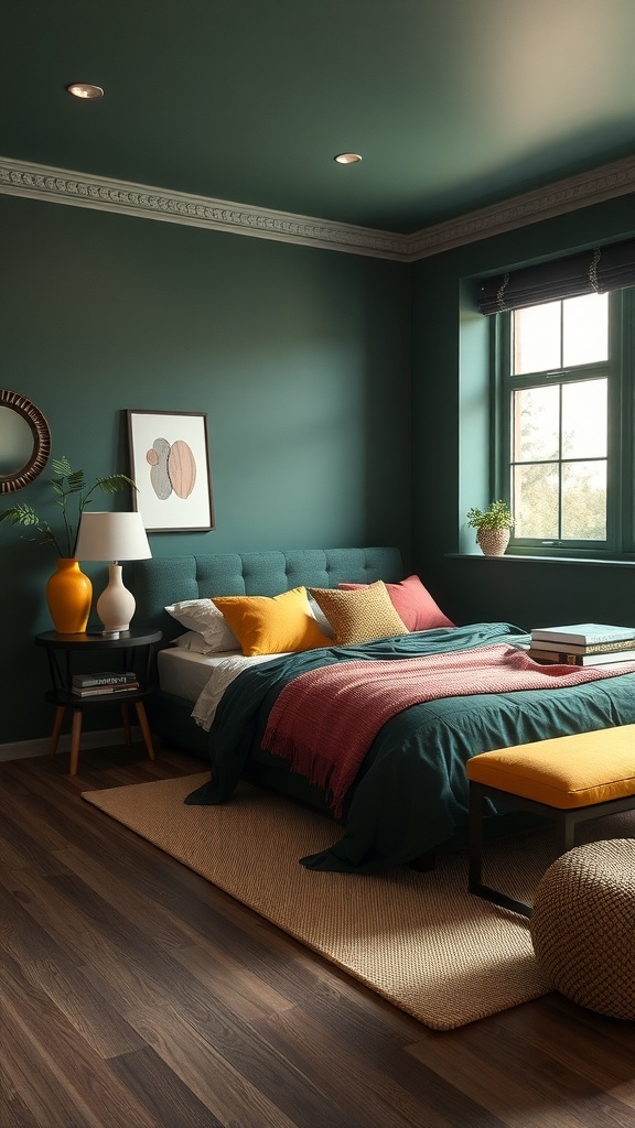 A dark green bedroom featuring bright accent colors like yellow and red, with a cozy atmosphere.