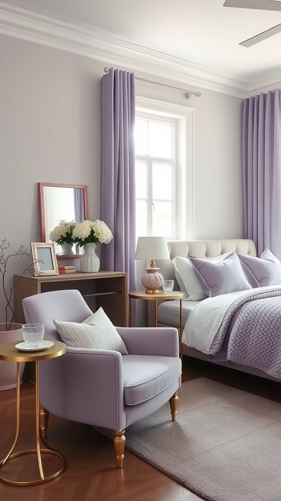 A lilac-themed bedroom featuring a lilac armchair, gold side table, and lilac curtains.