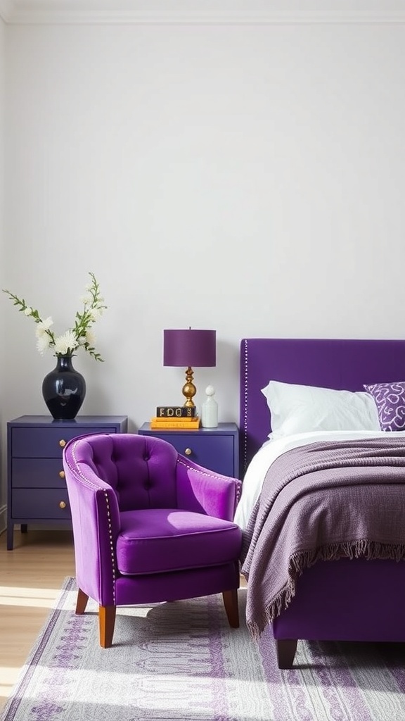 A stylish purple bedroom featuring a purple armchair, matching nightstand, and cozy bedding.