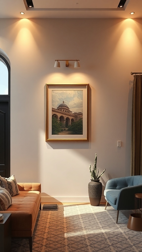 A cozy living room with accent lighting highlighting a painting on the wall.