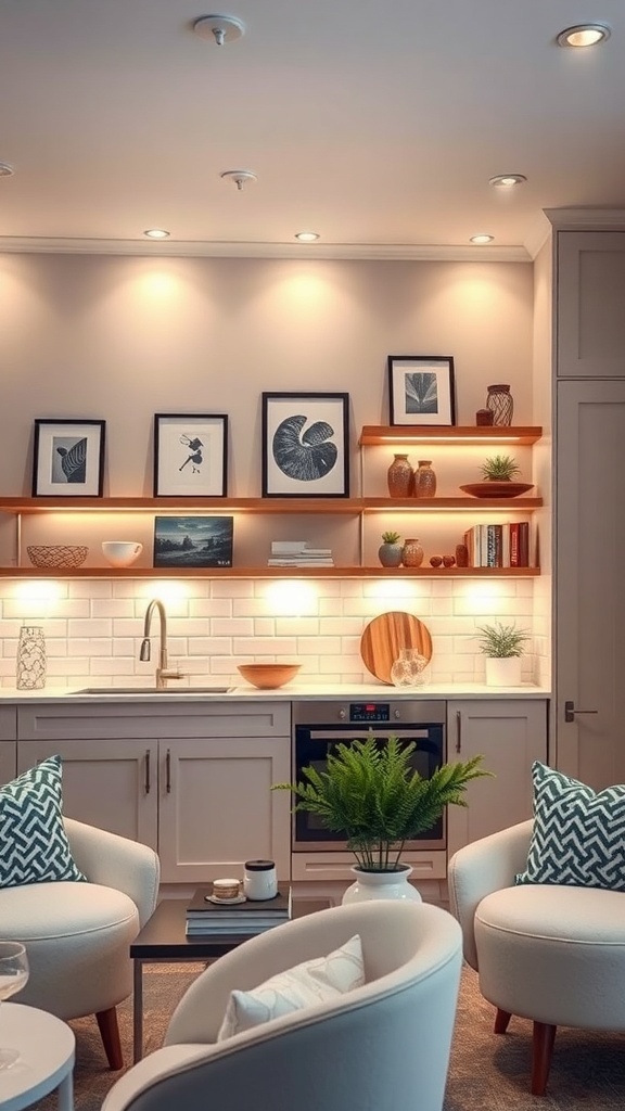 A modern kitchen with accent lighting highlighting artwork and shelves.