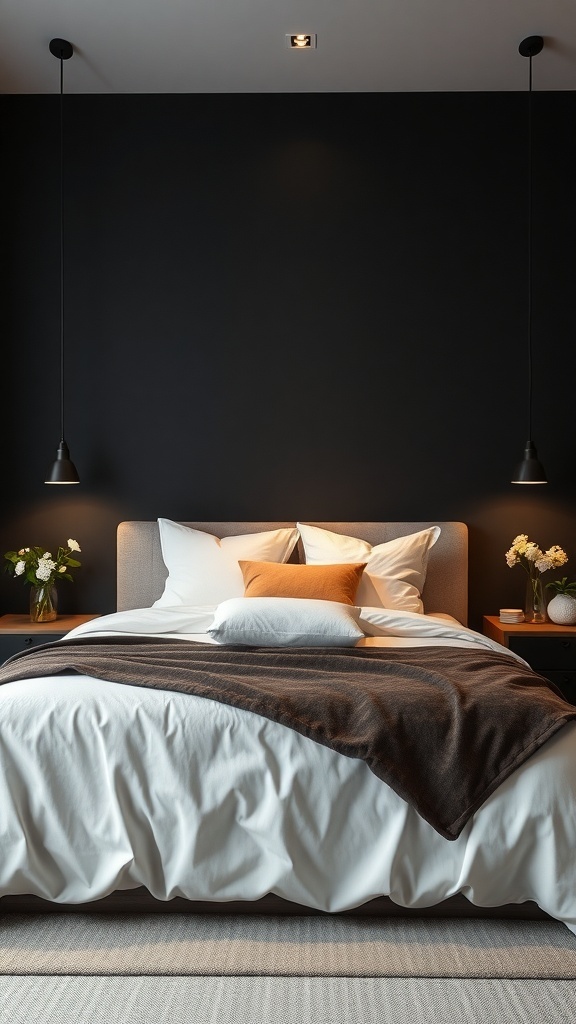 A cozy bedroom with a black accent wall, featuring pendant lights and white bedding.