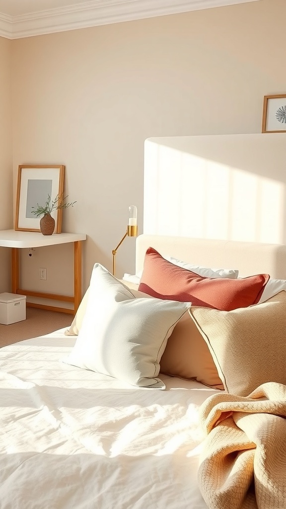 A cozy beige bedroom featuring a bed with accent pillows in muted tones.